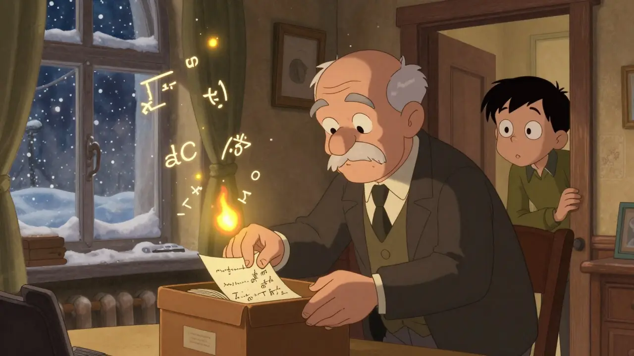 Elderly Leonid donating his handwritten notes, glowing equations floating upward like fireflies.