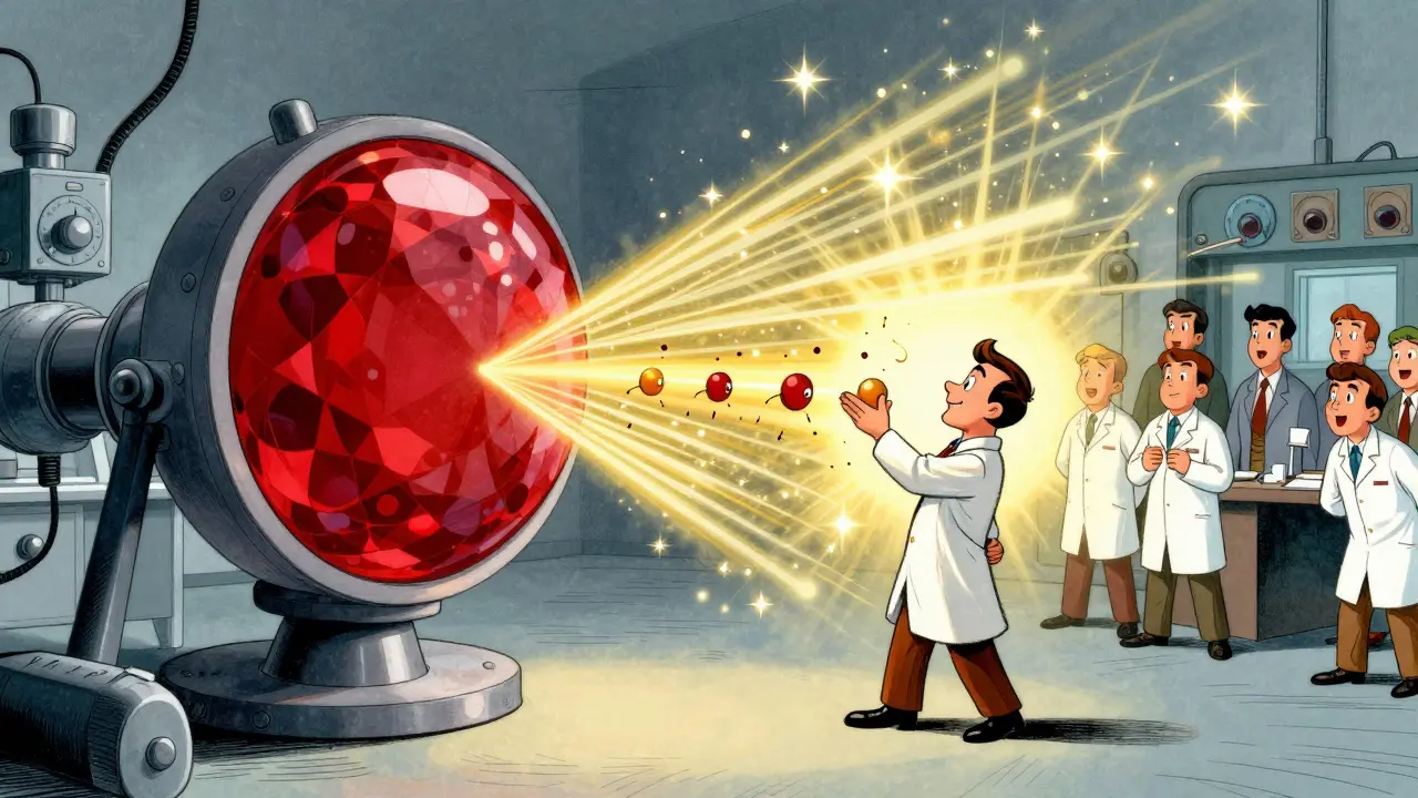 Leonid in a 1960s lab, atoms glowing and emitting radiant light from a ruby laser.