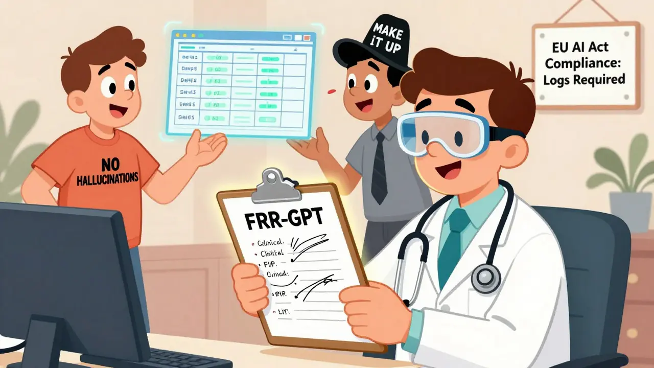 A doctor uses FHIR-GPT to convert messy notes into standardized medical records with two arguing AI models.