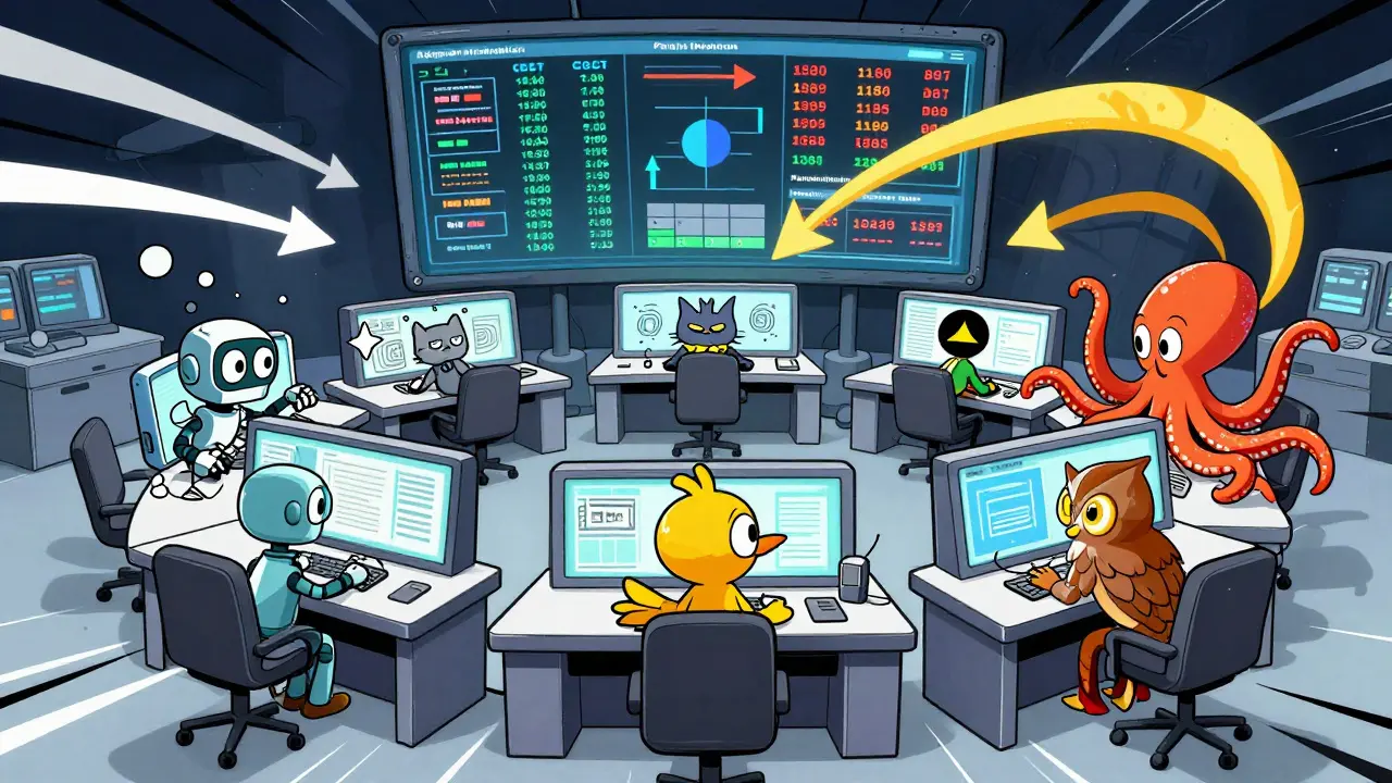 Five cartoon AI characters operate different LLM abstraction patterns in a vibrant command center.