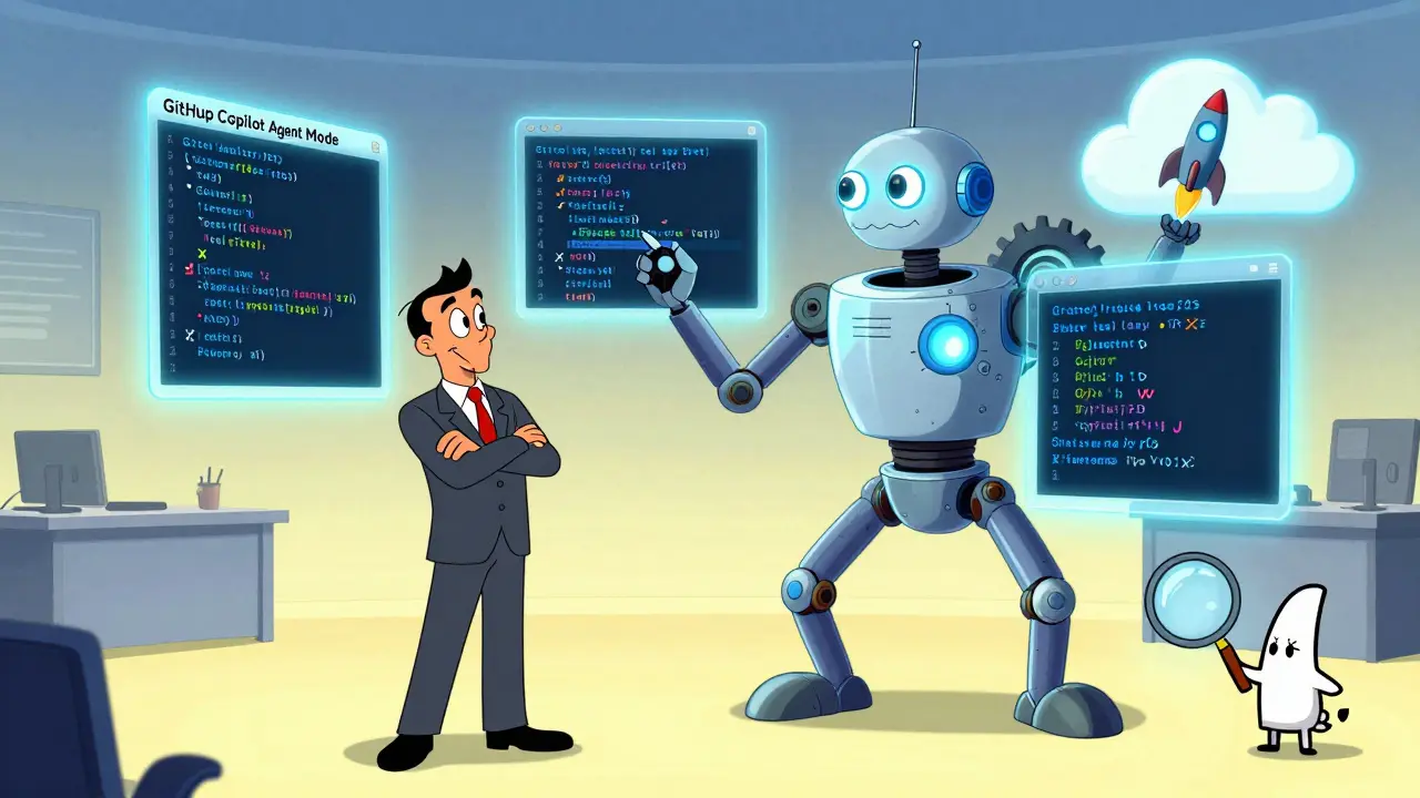 A sleek developer watches a multi-armed AI agent write, test, and deploy code across glowing screens in a futuristic office.