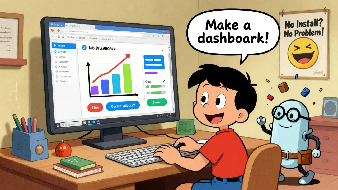 A student smiling as a cartoon Replit window floats above, dropping code blocks while a tiny robot helper scurries around.