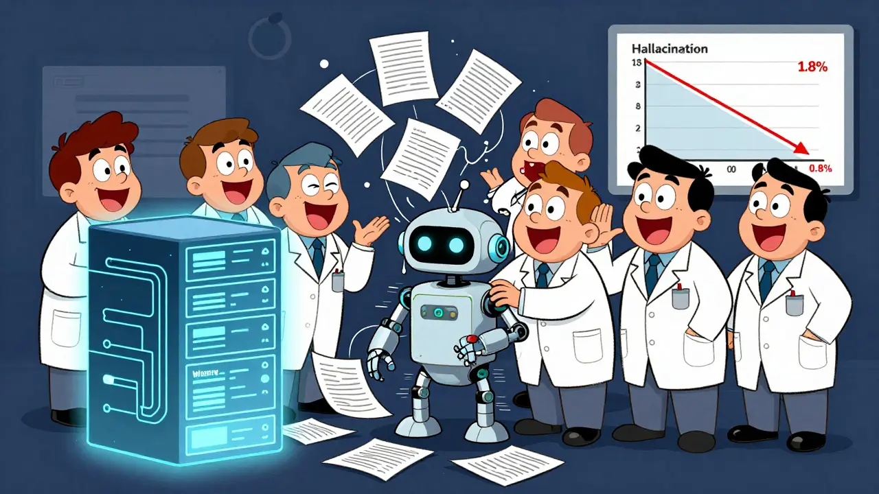 Engineers fixing a chaotic AI system next to a glowing database, with hallucination rates dropping on a chart.