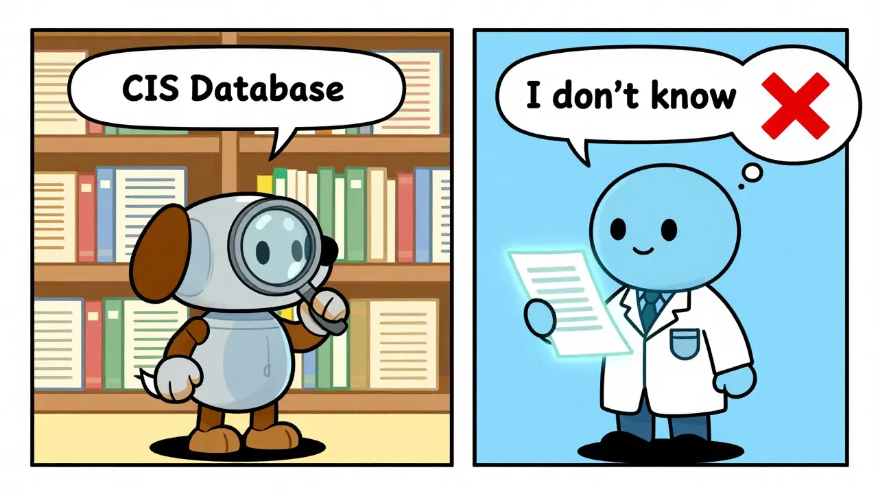 Two-panel cartoon showing a retriever robot pulling facts from a clean database while an AI says 'I don't know'.