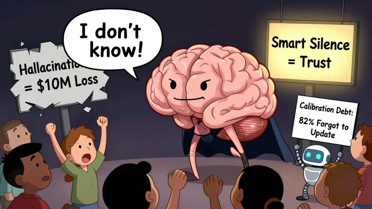 A relieved AI saying 'I don't know' while humans celebrate honest silence.