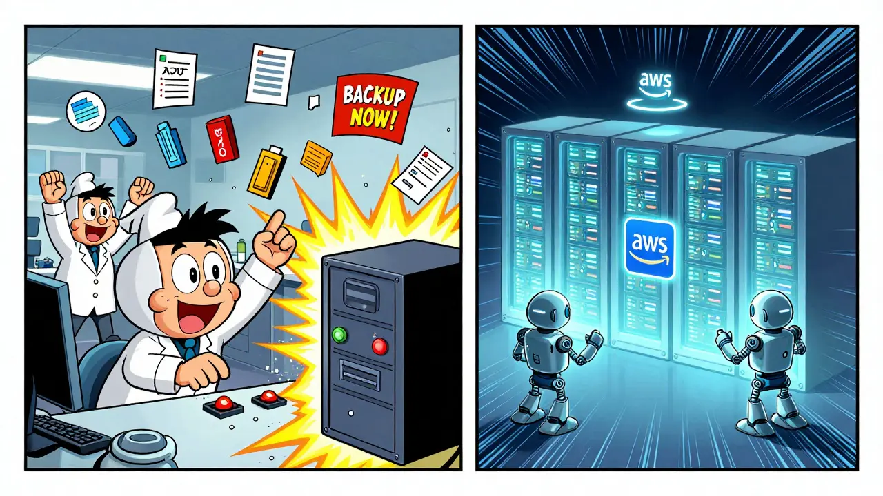 Split-screen: chaotic backup attempt vs. smooth automated failover in cartoon style.