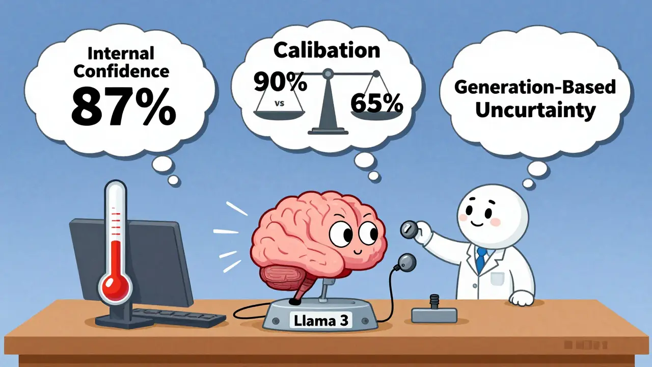Three cartoon methods for detecting AI uncertainty shown as floating thought bubbles.