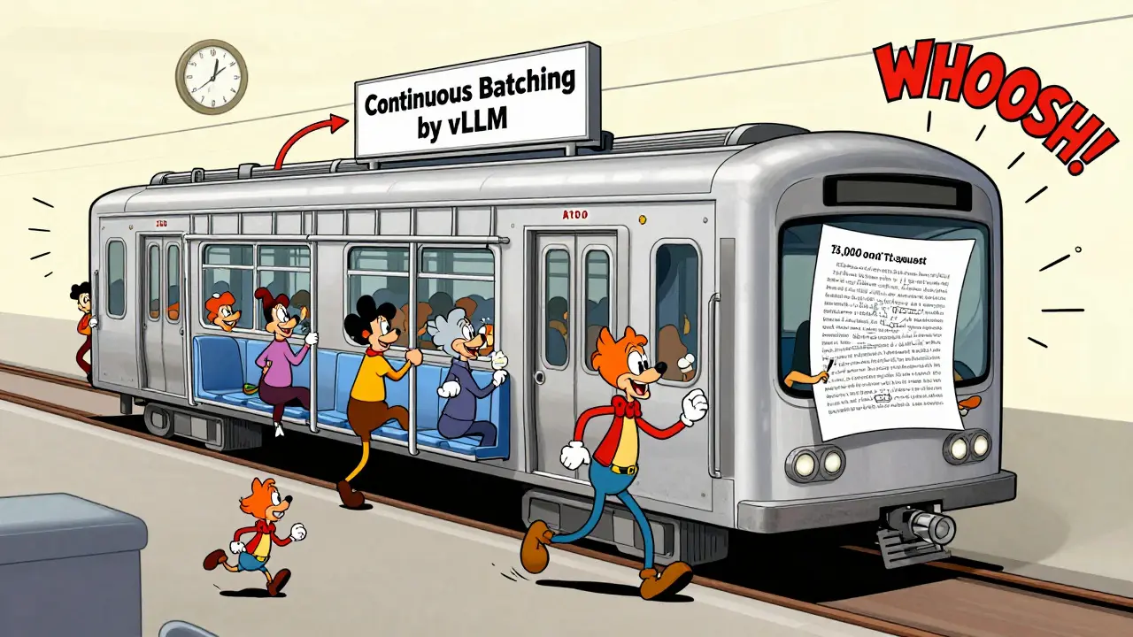A GPU subway car filled with requests of different sizes, dynamically batched with arrows showing efficiency.