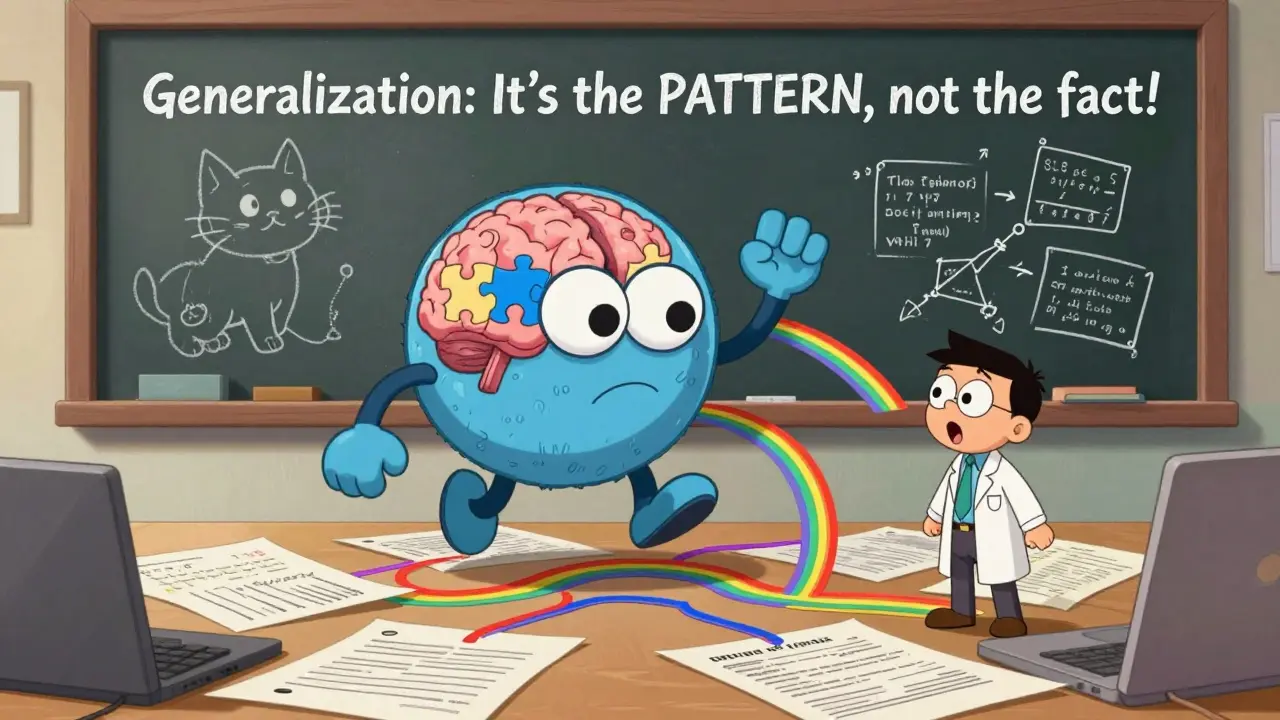 AI monster connecting medical, legal, and code documents with rainbow lines.