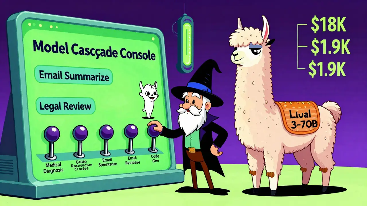 An operator pulling levers to route simple and complex queries to different-sized AI models, with cost meter dropping.