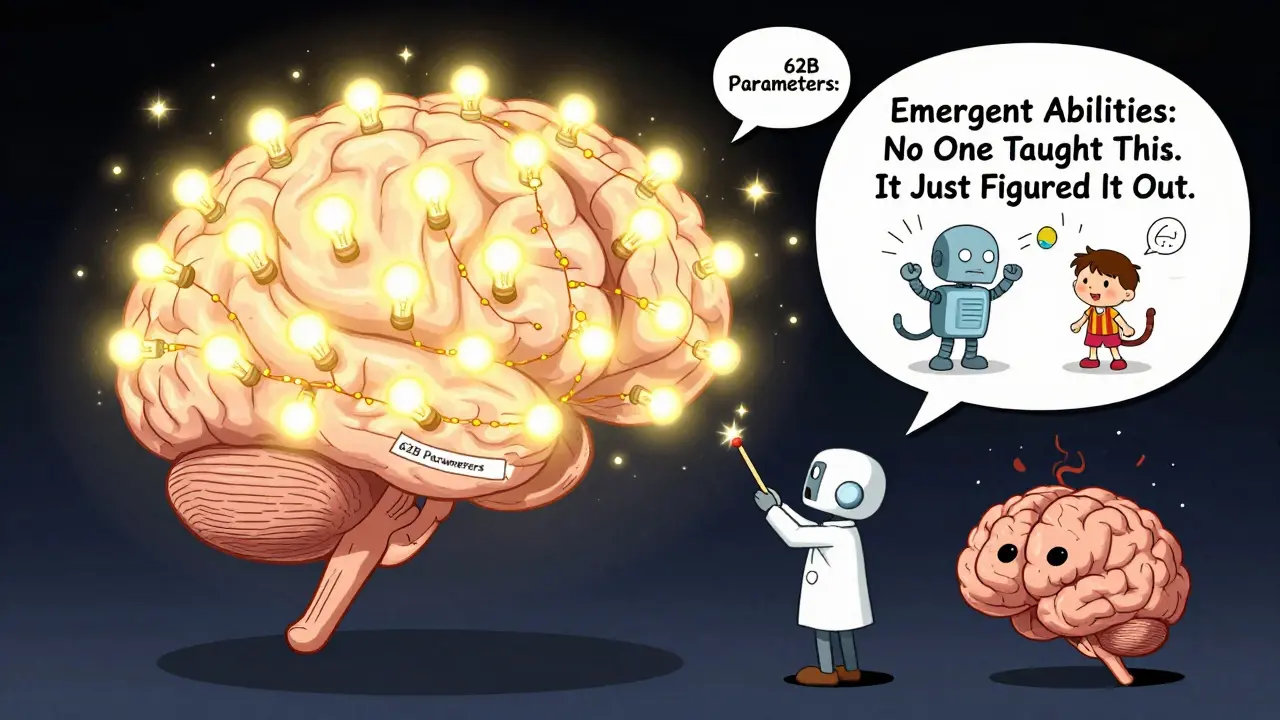 Giant brain sparking to life with reasoning fireworks after hitting parameter threshold.