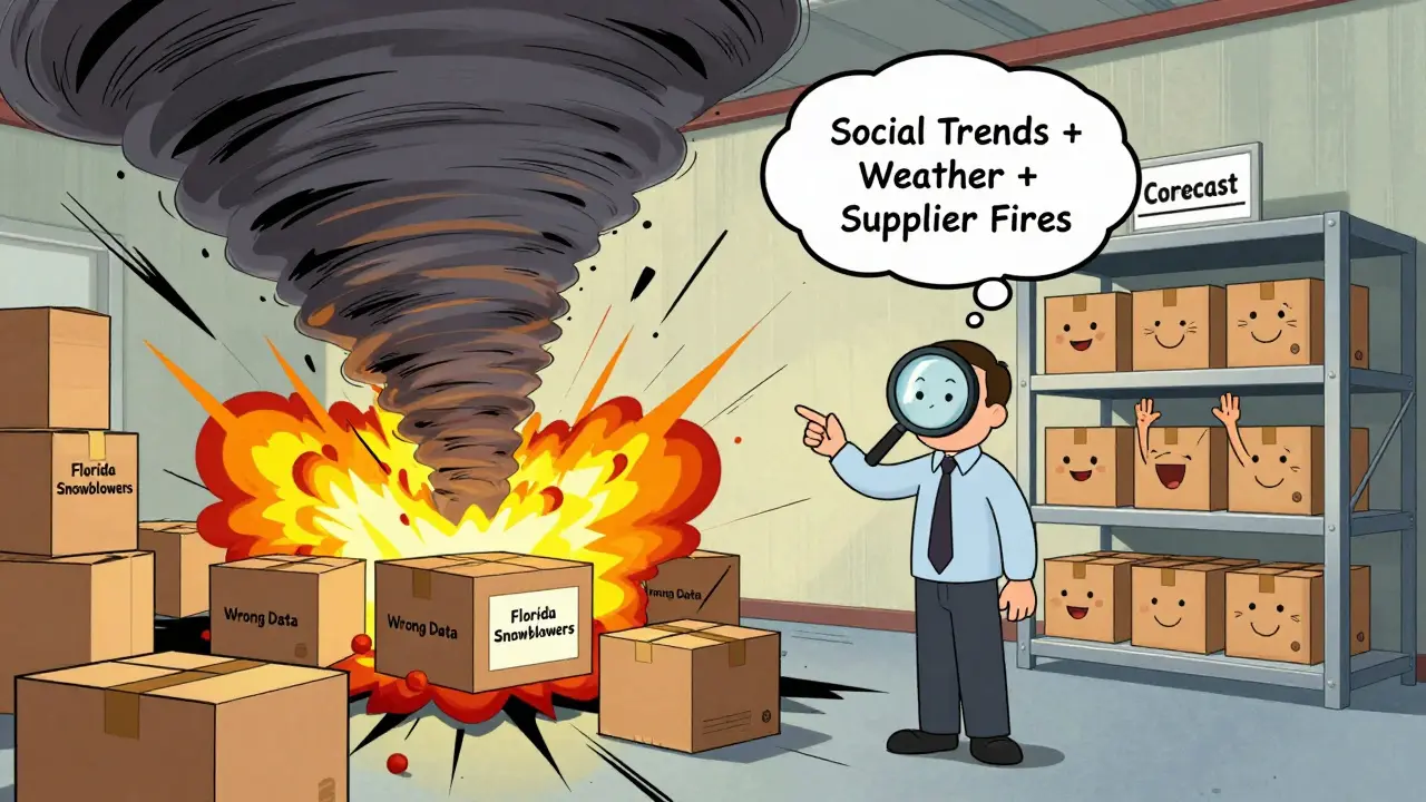 Chaotic warehouse with exploding snowblower boxes as AI calmly points to correct forecast shelf.