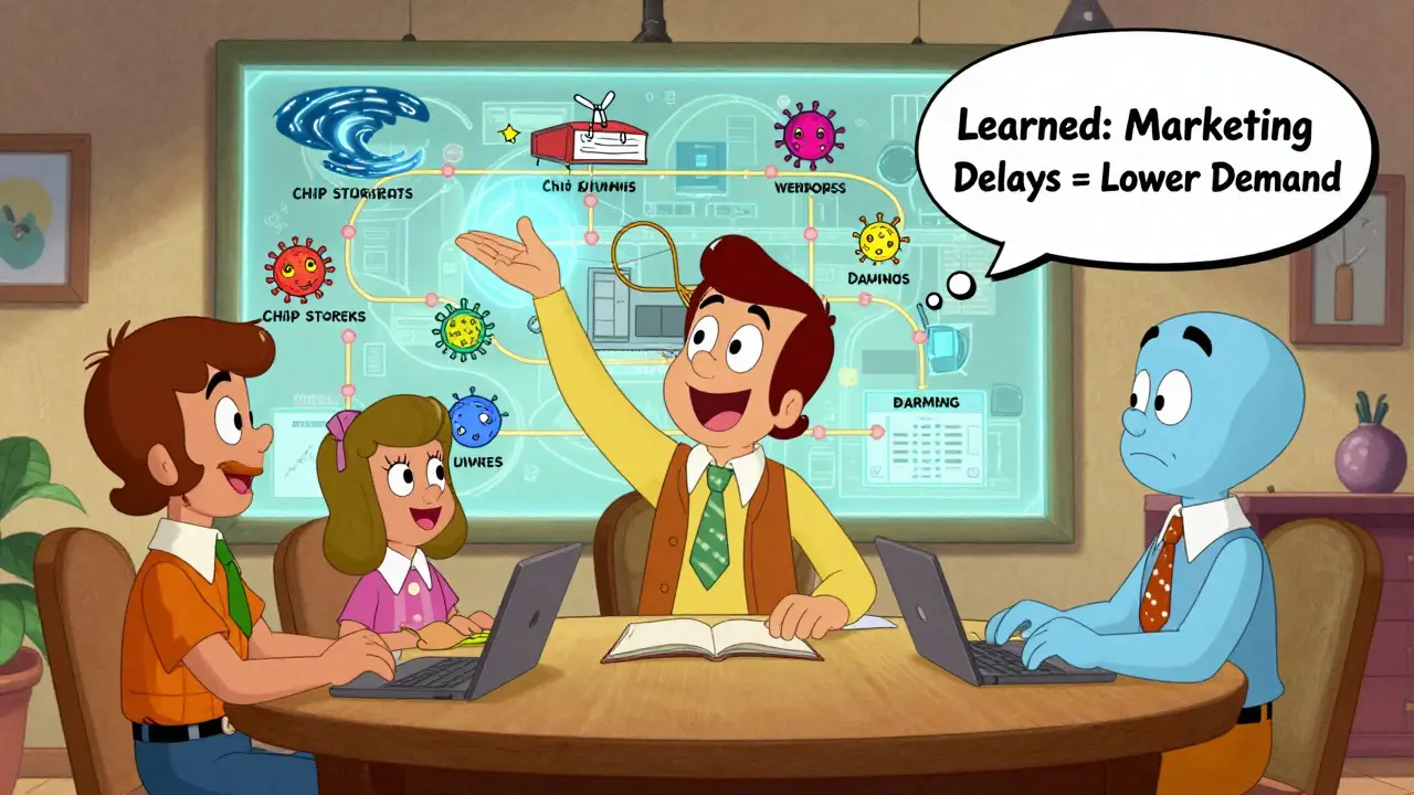 Planners around holographic supply map as AI learns from human override with expressive cartoon style.