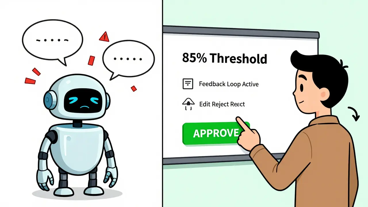 A human clicks 'APPROVE' on a simple interface while a corrected AI bot smiles, with a feedback loop connecting them.