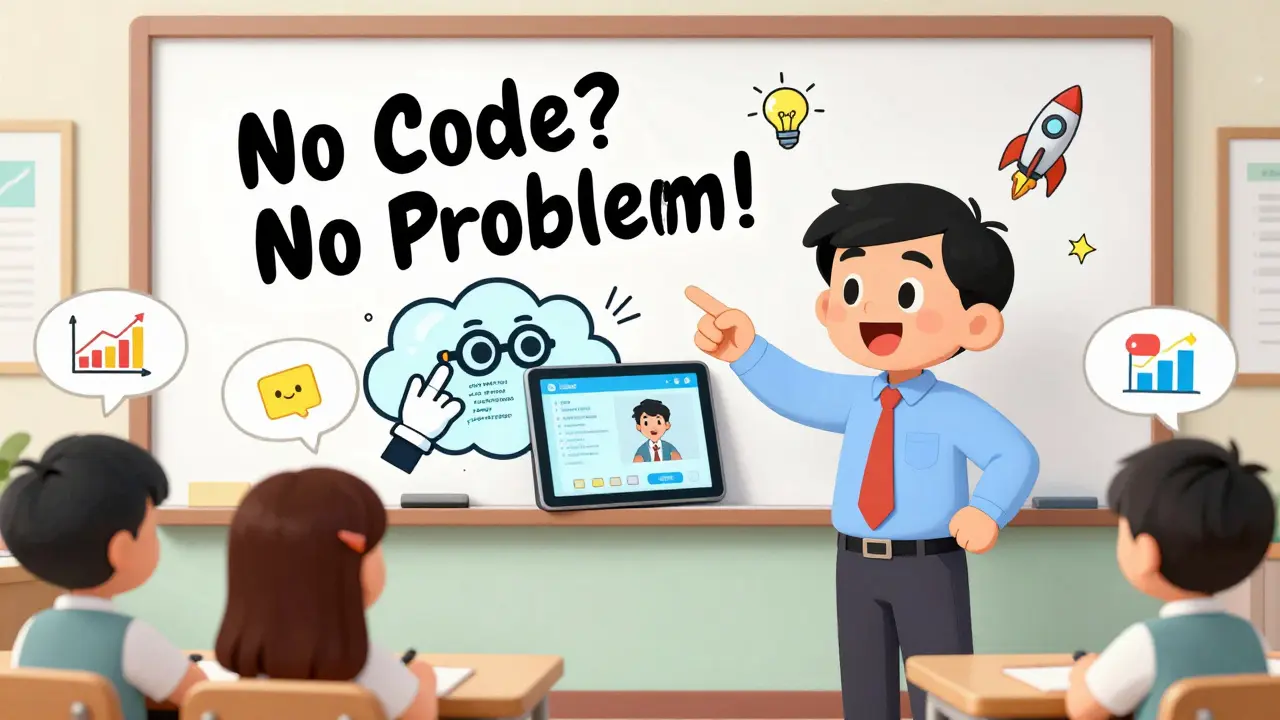 A teacher uses a tablet to show a student progress dashboard, with AI hands typing code from a cloud device.