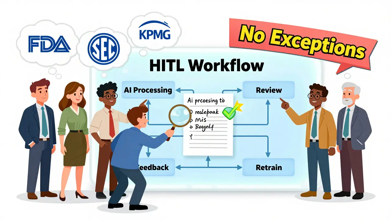 A team reviews a glowing HITL workflow chart with medical and compliance icons, one person fixes a miswritten note with a checkmark.