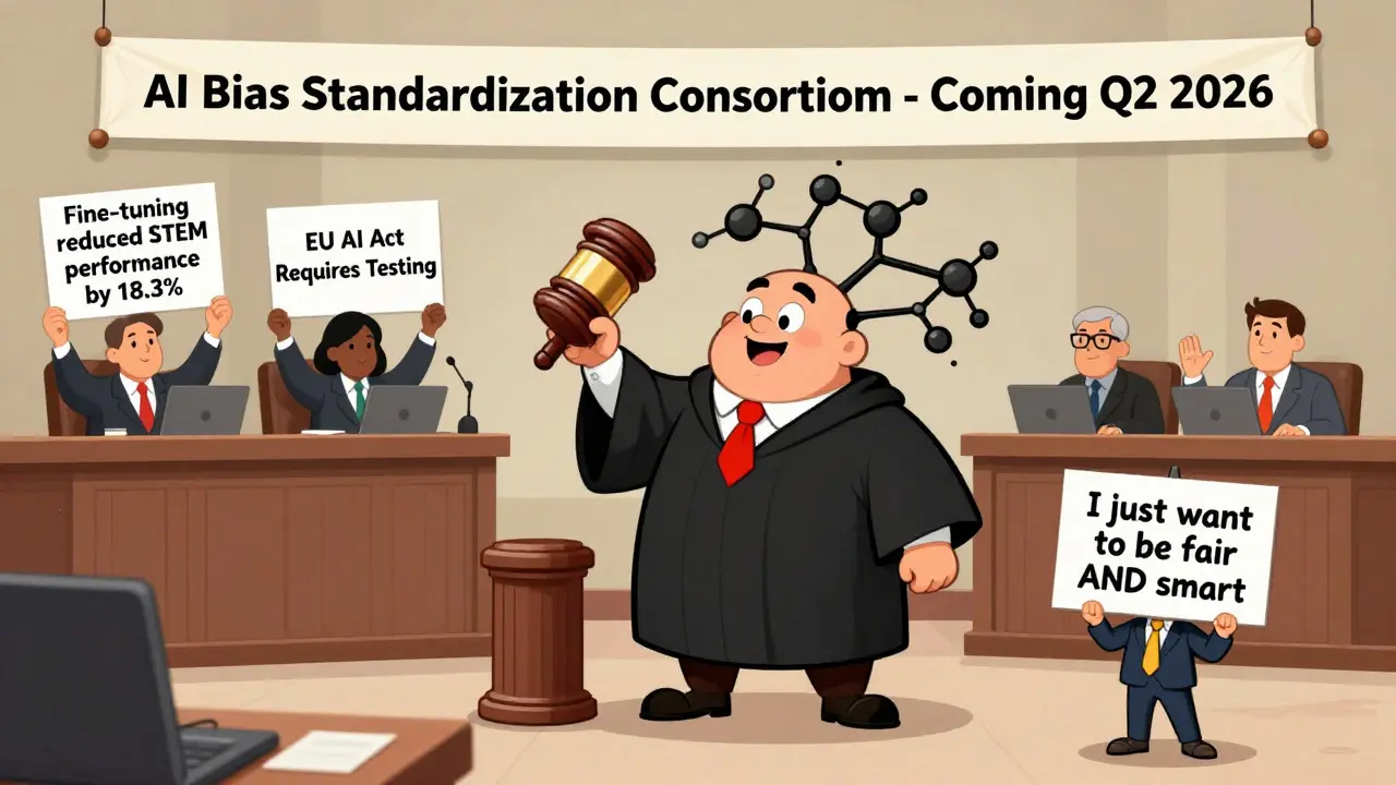 Courtroom scene where a giant AI model is sentenced for implicit bias under new EU regulations.