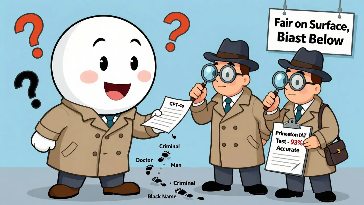 Detectives uncover hidden bias patterns in a friendly-looking language model using Princeton IAT method.