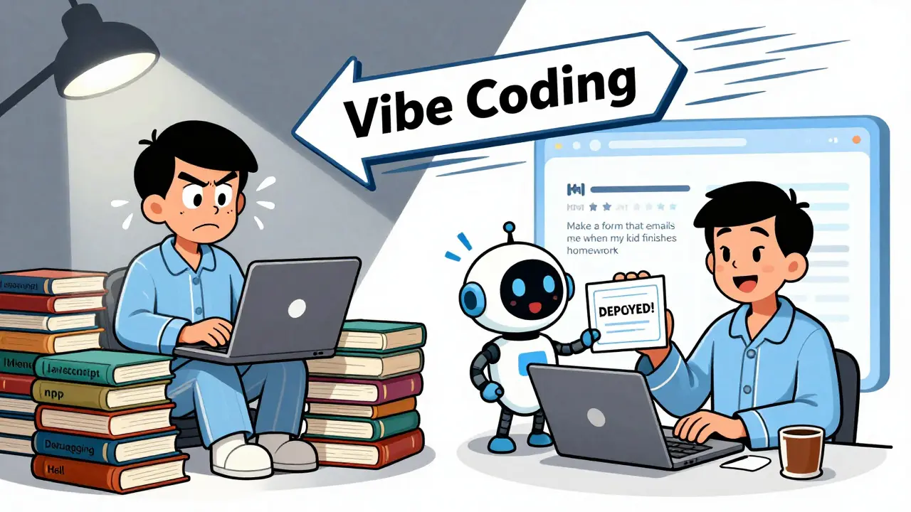Left: a stressed developer buried in coding books. Right: a relaxed parent building an app with AI. A time arrow connects them.