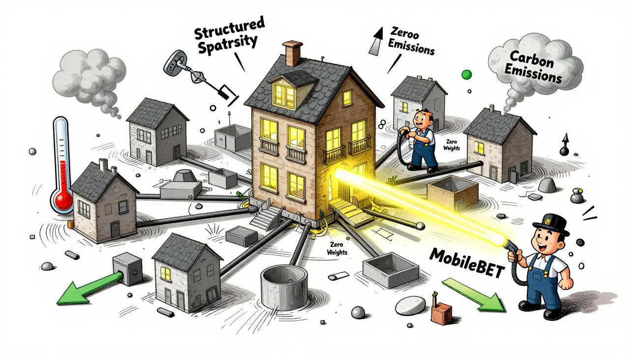 Messy house-shaped neural network being cleaned up with a vacuum labeled 'Structured Sparsity'.
