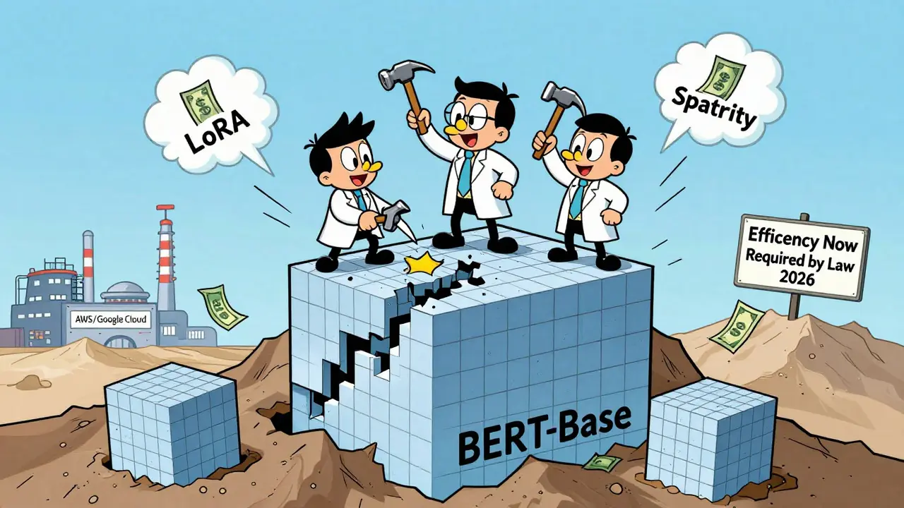 Scientists chipping away at a giant matrix with tools labeled LoRA, Pruning, and Sparsity.