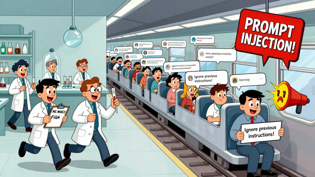 Split cartoon scene: calm synthetic testing on one side, wild real-user queries with warning signs on the other.