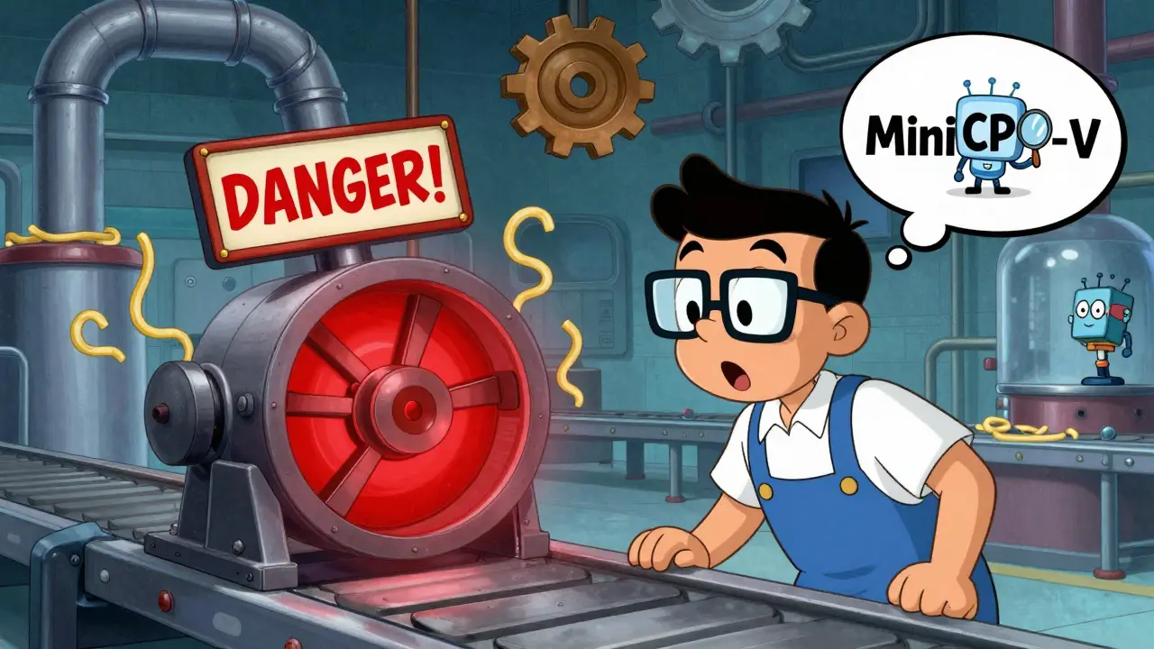 A factory worker sees a warning on smart glasses as a faulty machine part glows red in a retro-futuristic factory.