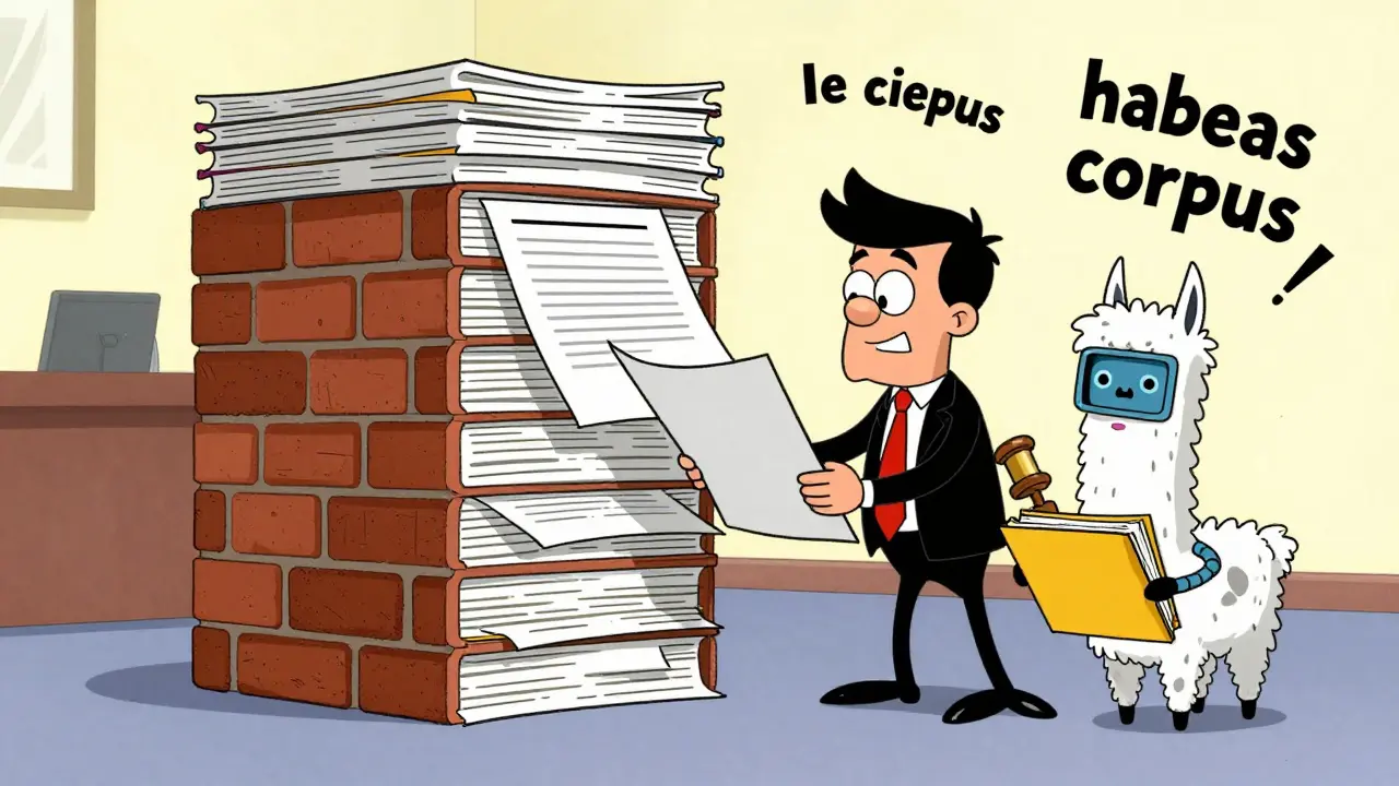 A lawyer struggles with giant legal documents as a tiny Llama 2 robot shrinks them with LoRA tools.