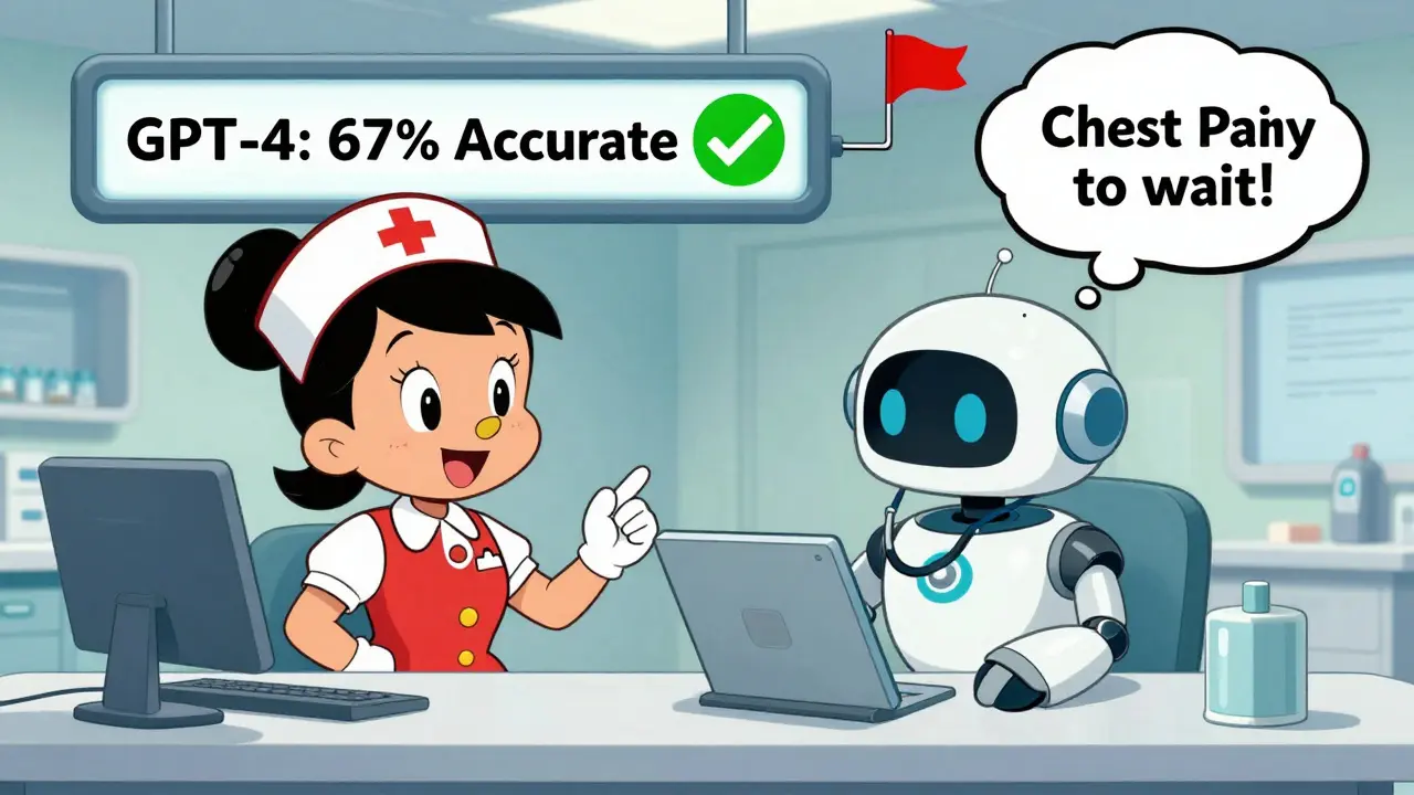 A nurse and cartoon AI robot triage patients in an ER, with accuracy stats floating above.