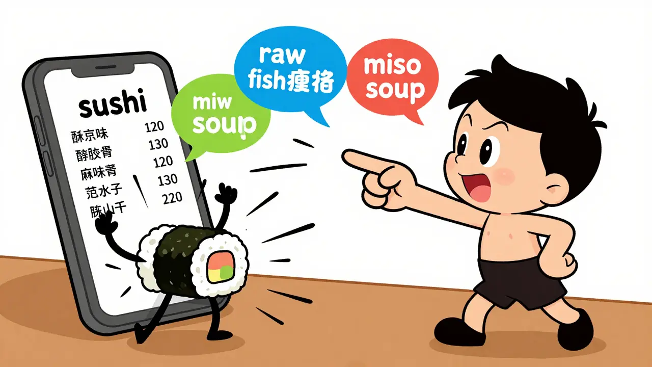 A parent points a phone at a foreign menu, and floating cartoon speech bubbles translate food names with dancing sushi.