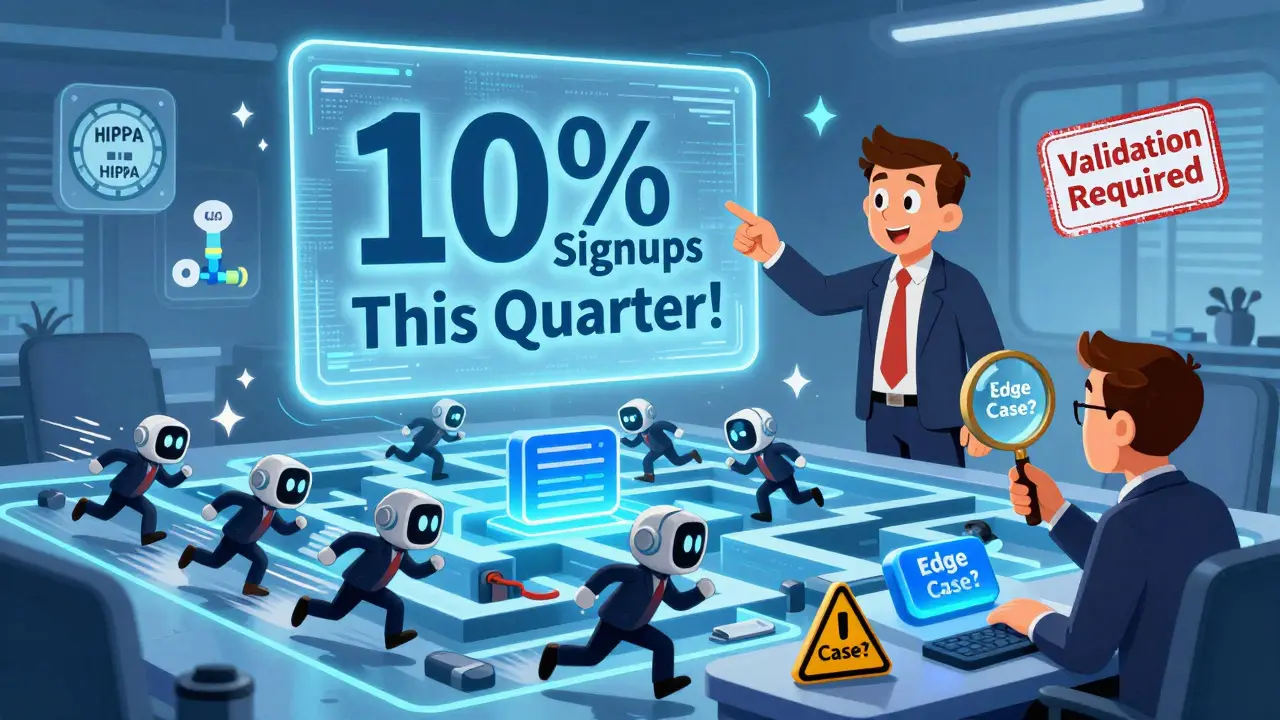 A product manager sets a business goal as AI assistants build software, while a human checks for errors in one component.