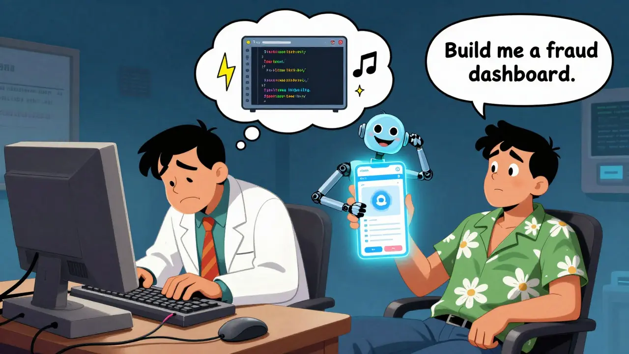 A relaxed developer asks for an app while a robot arm delivers it instantly, contrasting with a frantic coder from the past.