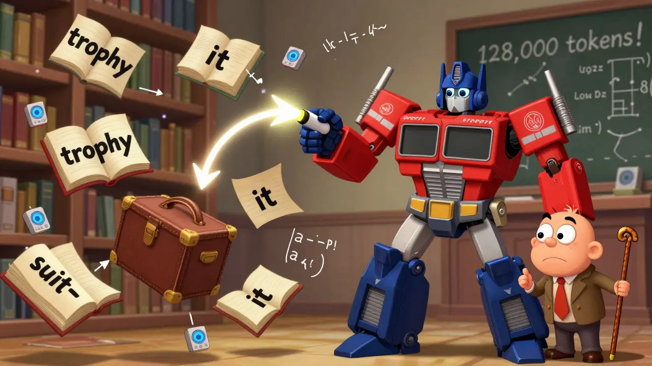 A whimsical library with flying books, a Transformer using a highlighter to connect 'it' to 'trophy', and GPS trackers on words.