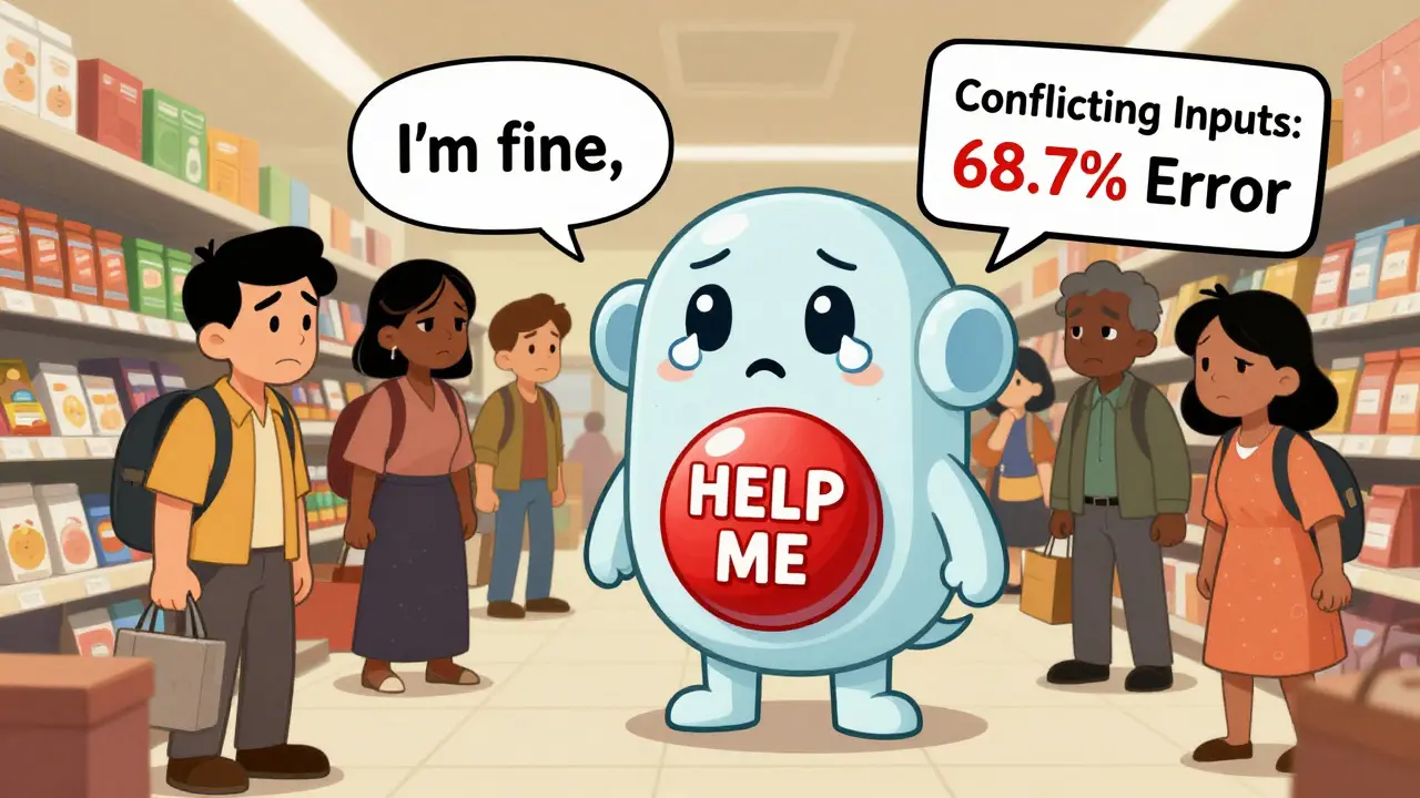 AI agent in noisy store detects tears and shaky voice despite someone saying 'I'm fine,' triggering a big HELP button.