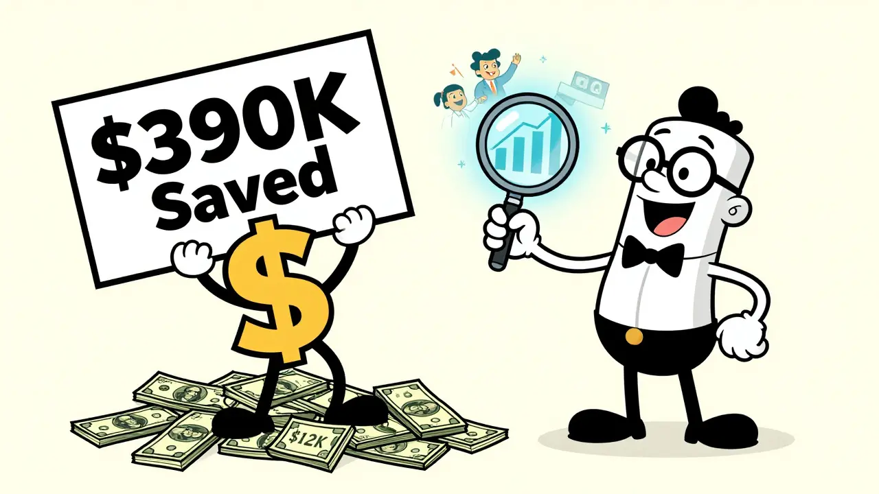 CFO celebrates 0K savings from LLM while a smart robot hands him a magnifying glass with growth graphs.