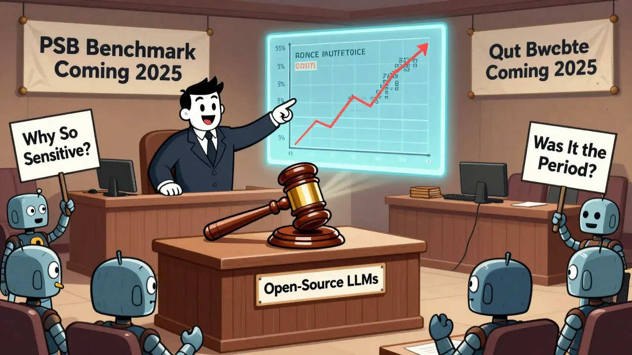 Courtroom scene with a comma gavel judging LLMs over prompt sensitivity.