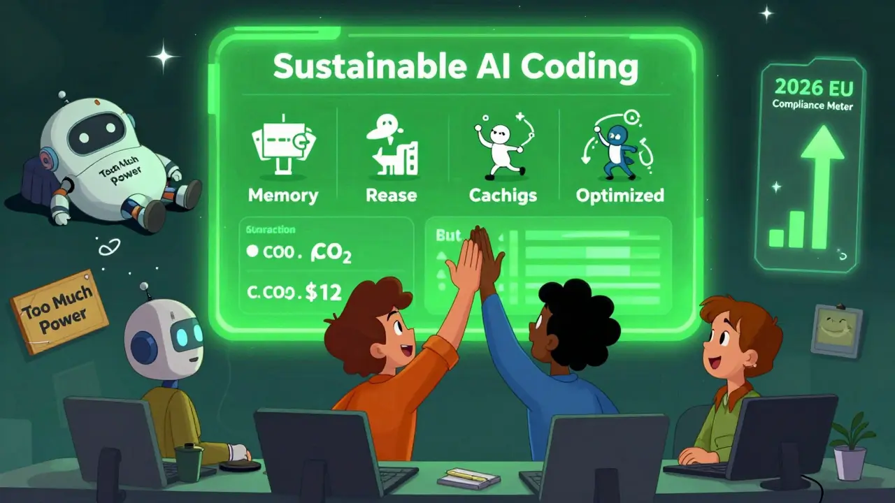 Developers celebrating around a green dashboard showing energy savings from sustainable AI coding practices.