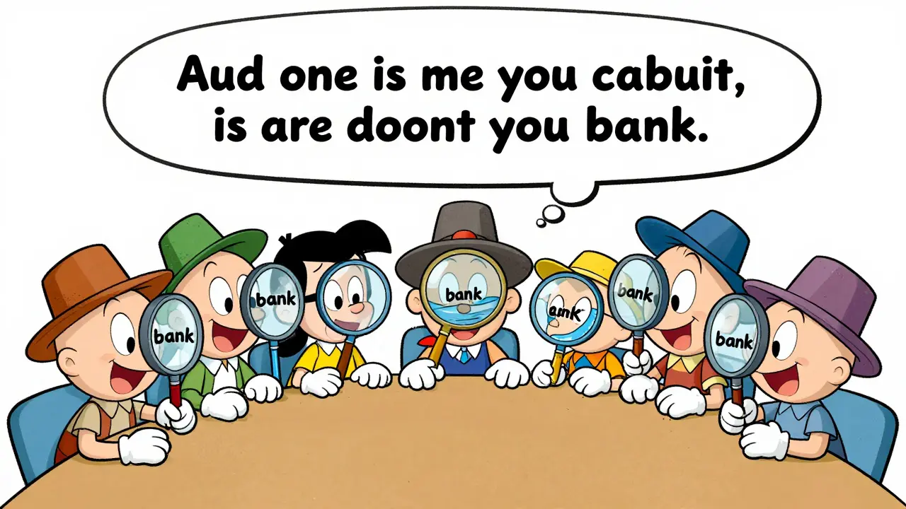 Eight cartoon characters with different hats analyzing a sentence, each highlighting unique word relationships with magnifying glasses.