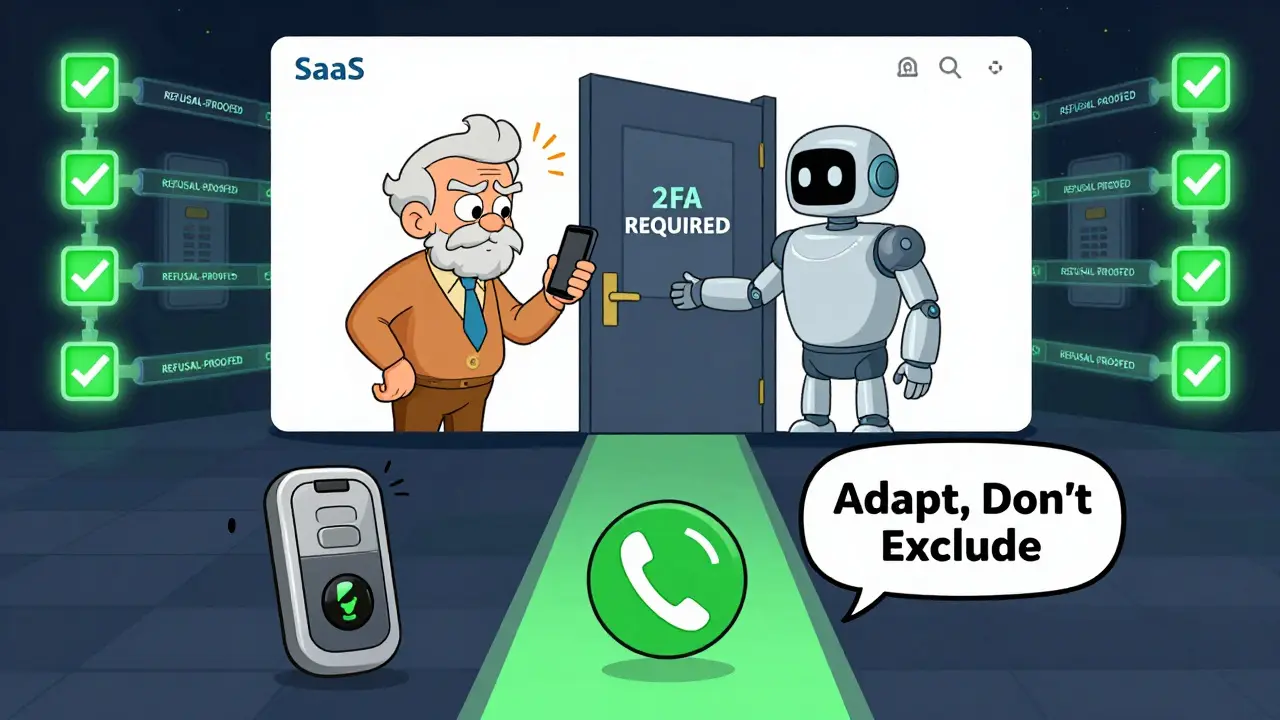 Elderly user blocked from login, but alternative secure access path opens with token.