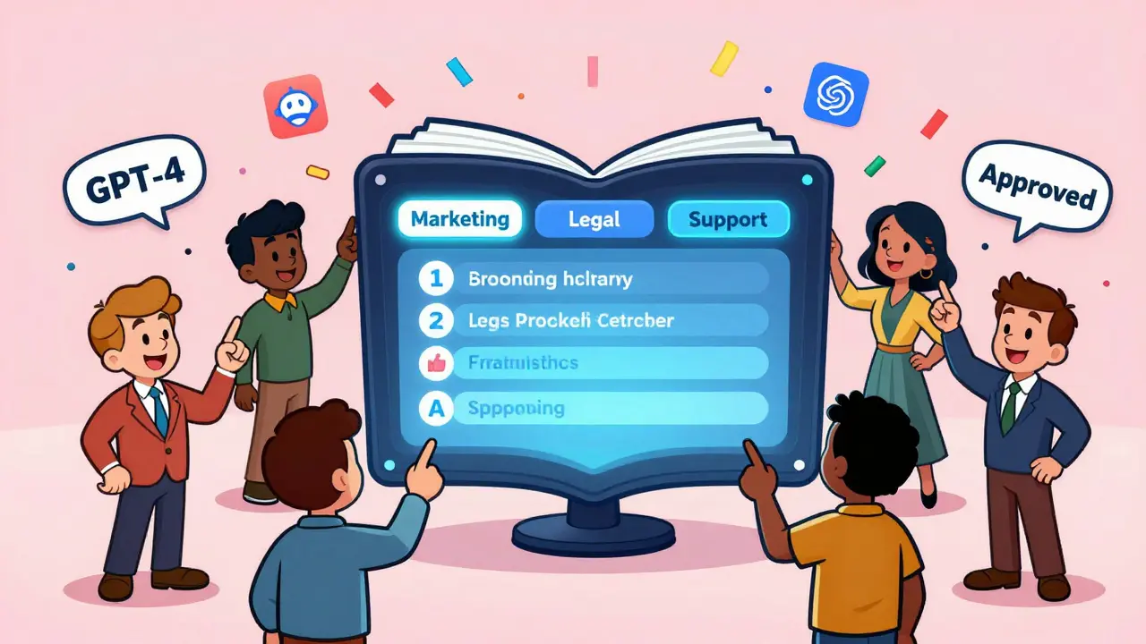 Floating prompt library with glowing categories, team members smiling as AI text pops out like confetti.