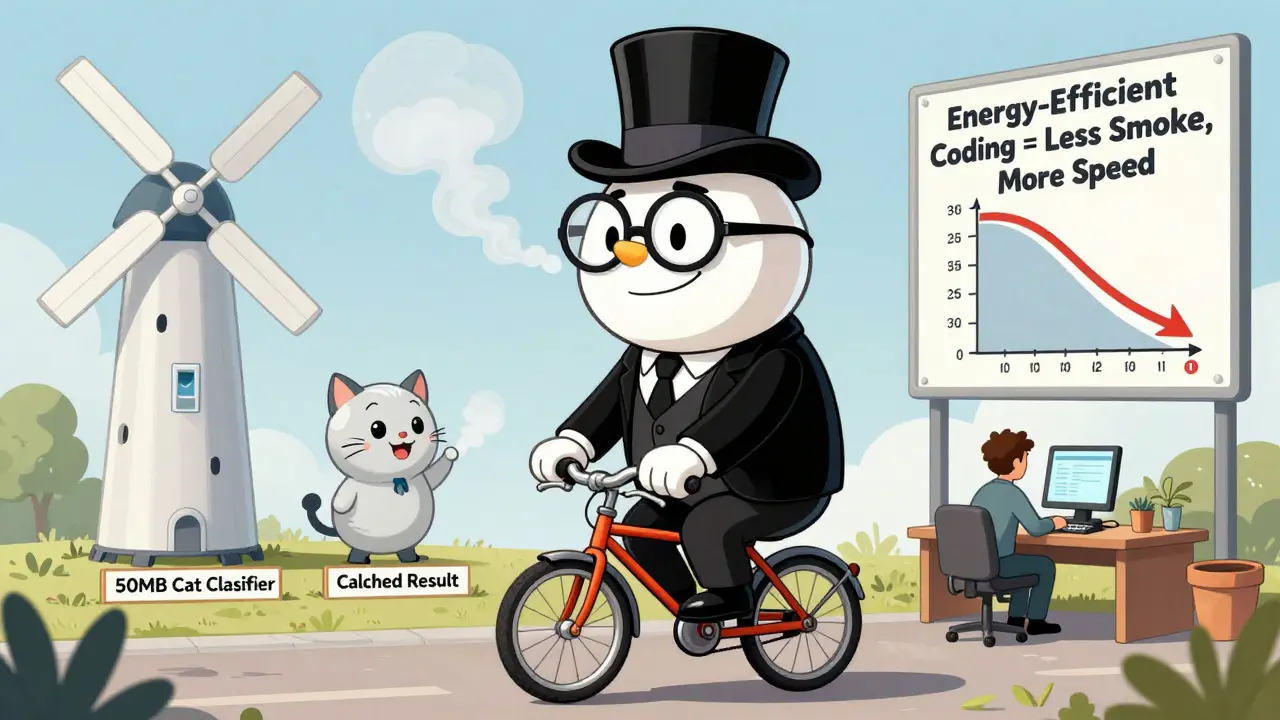 Giant AI model with top hat puffing smoke while a developer pedals a tiny bike, contrasting inefficient vs efficient coding.