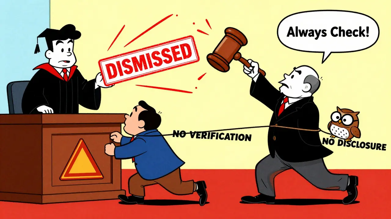Judge slamming gavel as lawyers are dragged away by 'No Verification' ropes in cartoon style.