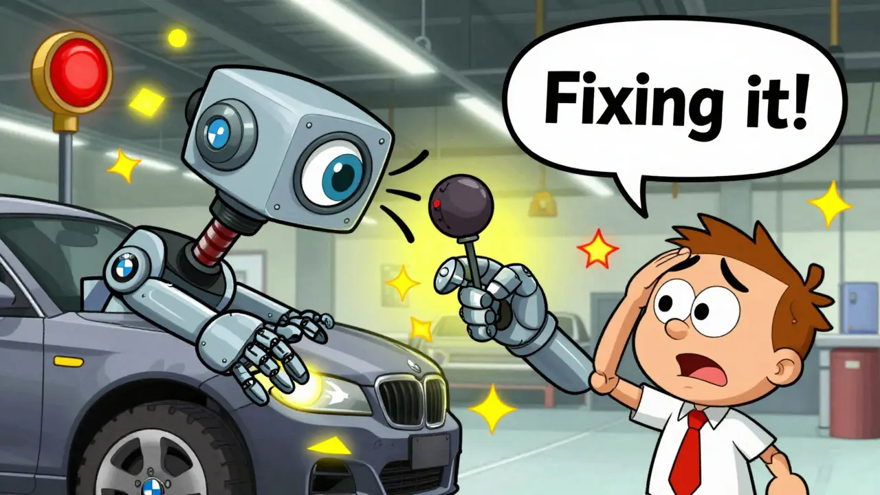 Robot arm in factory using vision, sound, and touch to fix a car part, with exaggerated warning lights.