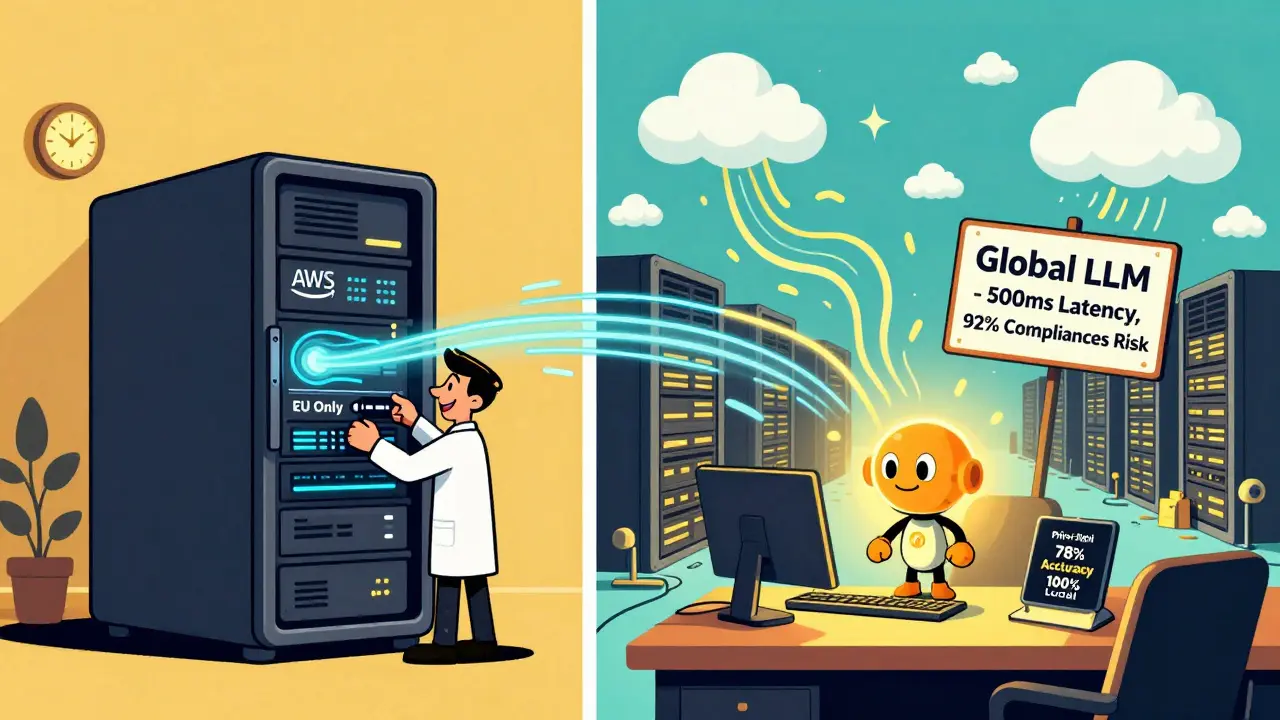 Split cartoon scene: cozy local server with happy engineer vs chaotic global cloud with leaking data.