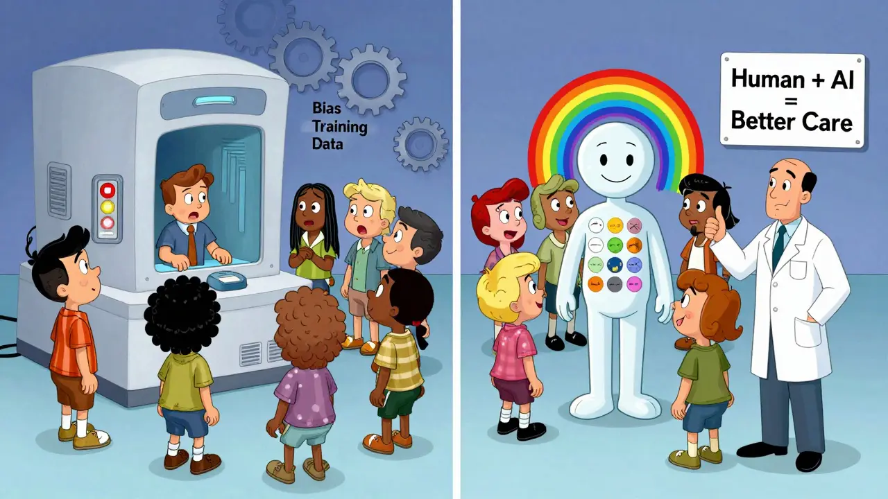 Split scene: biased AI machine vs. fair AI helping diverse patients with clinician approval.