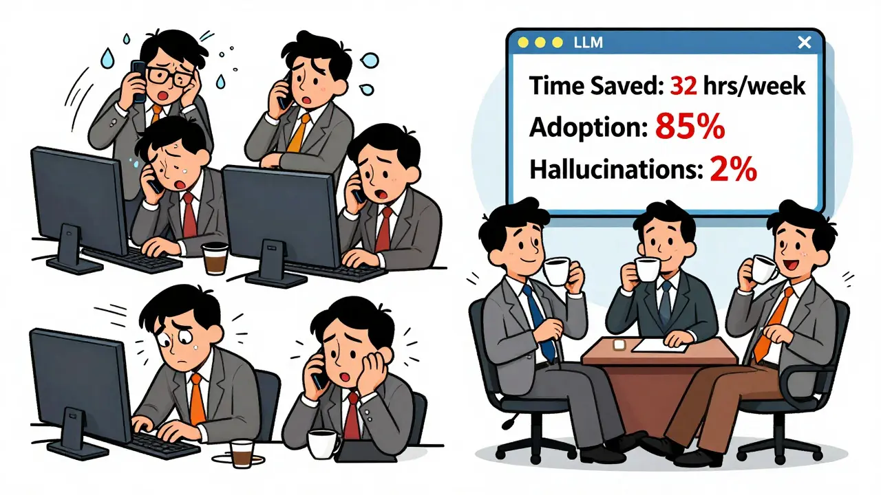 Split-screen showing tired workers vs. relaxed team with LLM metrics floating above in bright cartoon style.