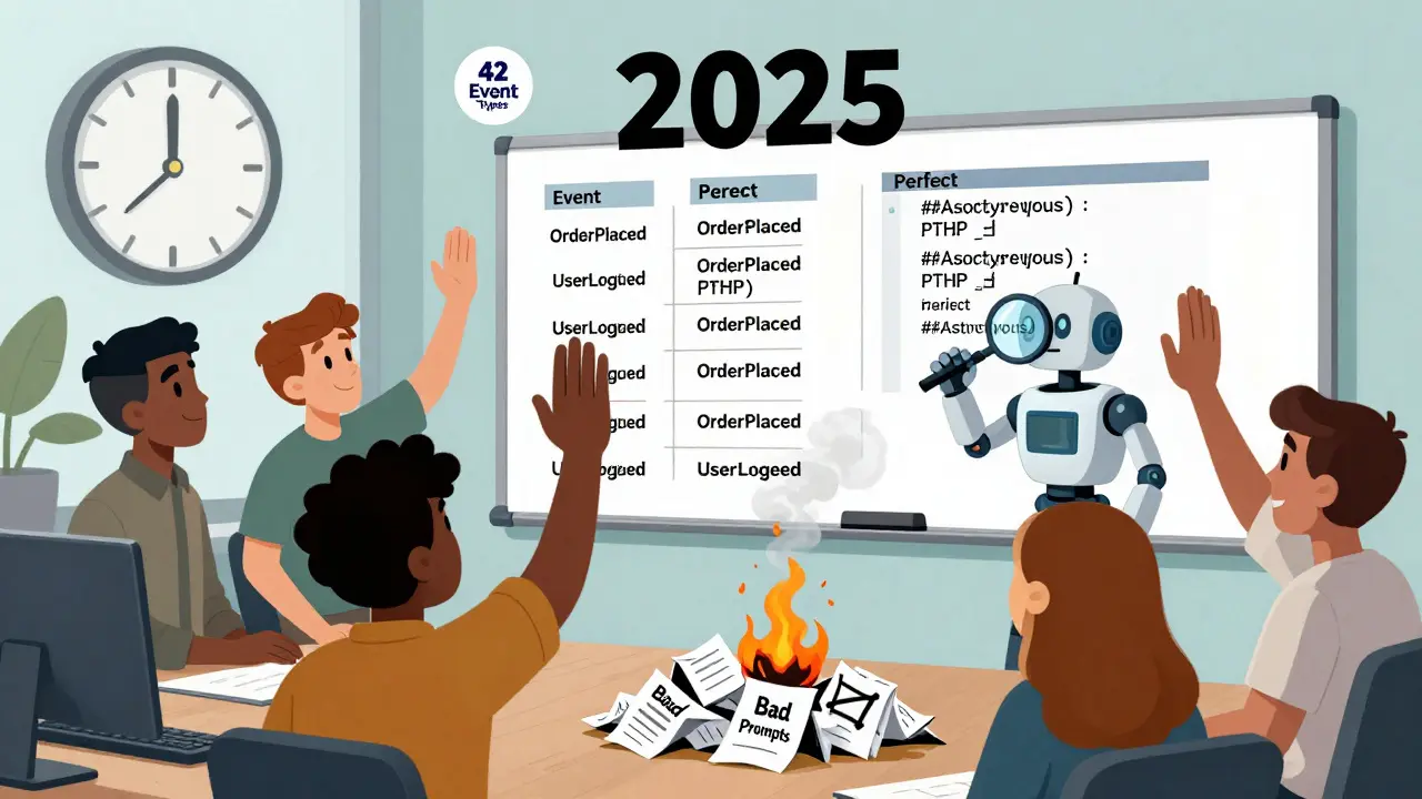 Team celebrates as AI generates clean code from a well-organized whiteboard, while bad prompts burn in the background.