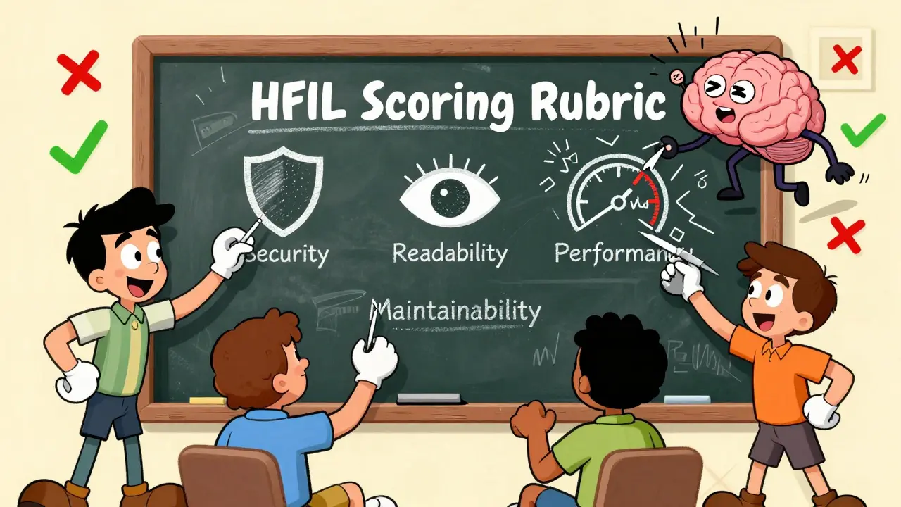 Team drawing a scoring rubric on a chalkboard while a robot tries to erase a warning.