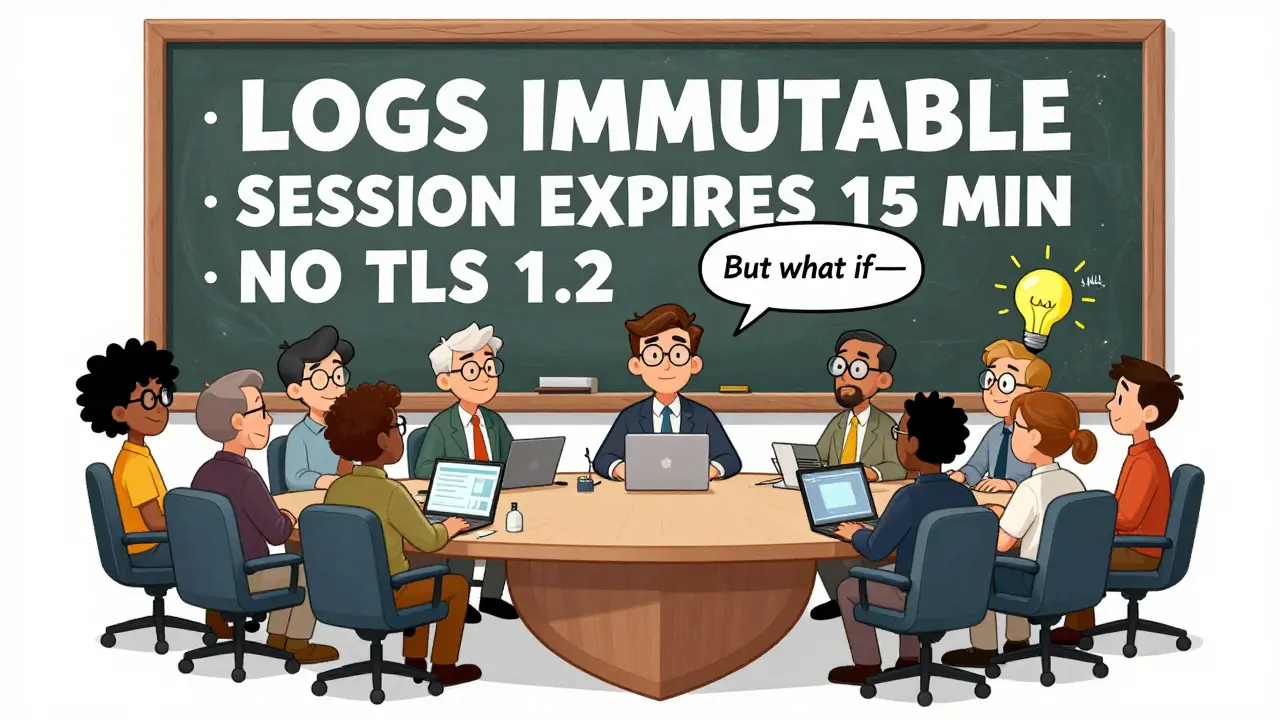 Team in workshop with shield table and bold 'SHALL' requirements on chalkboard.