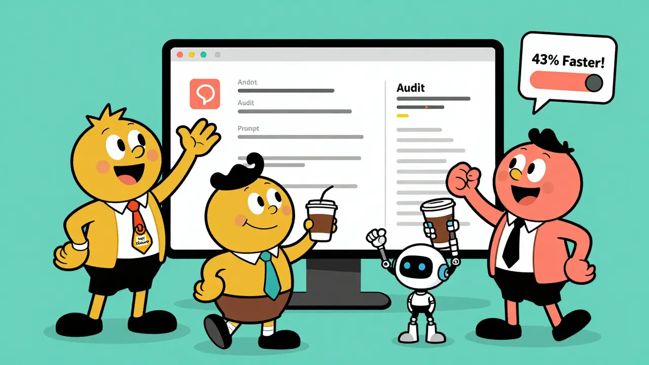 Team using a digital prompt dashboard with steward badge and audit log, robot handing coffee.